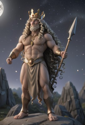 solo,long hair,blue eyes,blonde hair,1boy,navel,holding,jewelry,very long hair,nipples,standing,full body,weapon,white hair,male focus,thighs,outdoors,sky,barefoot,necklace,stomach,holding weapon,blurry,muscular,night,facial hair,thick thighs,abs,moon,crown,pectorals,muscular male,polearm,star (sky),night sky,bara,pelvic curtain,beard,full moon,starry sky,large pectorals,topless male,spear,mature male,mustache,holding polearm,bare pectorals,chest hair,loincloth,biceps,navel hair,trident,curly hair,bulge,dirty