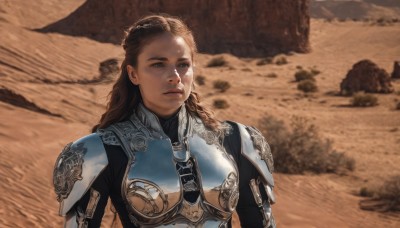 1girl,solo,long hair,blue eyes,brown hair,brown eyes,closed mouth,upper body,braid,outdoors,armor,lips,looking to the side,blurry background,expressionless,shoulder armor,pauldrons,breastplate,rock,realistic,sand,desert,sunlight