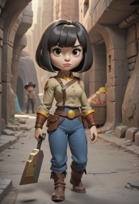 1girl,breasts,looking at viewer,short hair,bangs,shirt,black hair,long sleeves,1boy,hat,holding,brown eyes,medium breasts,closed mouth,standing,jacket,full body,weapon,boots,outdoors,food,solo focus,day,collared shirt,belt,pants,sword,artist name,blunt bangs,bag,chibi,holding weapon,blurry,lips,blurry background,brown footwear,bob cut,thick eyebrows,denim,walking,pouch,yellow shirt,jeans,rock,blue pants,brown belt,ruins,bread,belt pouch,alley,uniform,black eyes,holding sword