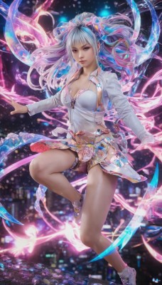 1girl,solo,long hair,breasts,looking at viewer,bangs,skirt,hair ornament,red eyes,long sleeves,navel,cleavage,jewelry,medium breasts,blue hair,collarbone,jacket,full body,ponytail,weapon,pink hair,hair bow,multicolored hair,parted lips,open clothes,shoes,midriff,blurry,two-tone hair,open jacket,lips,thigh strap,white footwear,floating,realistic,purple hair,shorts,pink eyes,night,glowing,sneakers