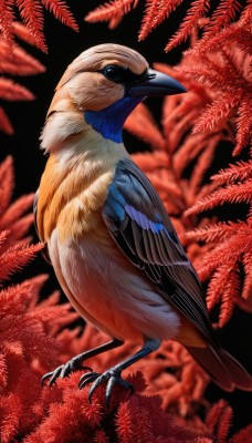 solo,blue eyes,full body,wings,blurry,from side,no humans,profile,bird,animal,feathers,black background,flying,realistic,animal focus,talons,beak,closed mouth,leaf,red background