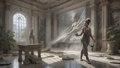 1girl,solo,short hair,brown hair,black hair,holding,bare shoulders,jewelry,standing,ponytail,weapon,day,pants,sword,indoors,dark skin,hair bun,dark-skinned female,bare arms,window,shadow,sandals,table,sunlight,single hair bun,plant,scenery,walking,light rays,fantasy,potted plant,overalls,sunbeam,ruins,pillar,statue,overgrown,tank top