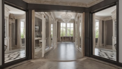 day,indoors,tree,no humans,window,chair,table,sunlight,plant,scenery,reflection,wooden floor,stairs,door,architecture,pillar,hallway,carpet,reflective floor,column,tiles,tile floor,painting (object),floor,ceiling,chandelier