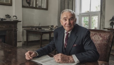 solo,looking at viewer,smile,short hair,shirt,long sleeves,1boy,holding,sitting,closed mouth,jacket,white shirt,upper body,white hair,grey hair,male focus,necktie,striped,collared shirt,indoors,signature,cup,black jacket,book,window,facial hair,scar,chair,formal,table,suit,red necktie,open book,realistic,pen,lamp,old,old man,photo background,wrinkled skin,glasses,blurry,depth of field,blurry background,phone,wing collar,breast pocket,manly,striped necktie,diagonal stripes,purple necktie,black suit,painting (object),office,diagonal-striped necktie,pinstripe suit