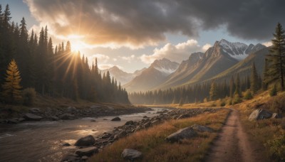 outdoors,sky,day,cloud,water,tree,blue sky,no humans,sunlight,cloudy sky,grass,nature,scenery,forest,sunset,light rays,rock,mountain,sun,river,landscape,mountainous horizon,sunrise,road,lake,path