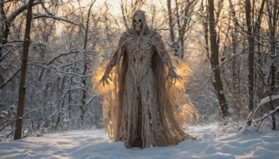 1girl,solo,looking at viewer,dress,standing,outdoors,hood,tree,torn clothes,mask,bird,nature,scenery,cloak,snow,hood up,forest,snowing,winter,hooded cloak,bare tree,no humans,fire,skull,monster,skeleton