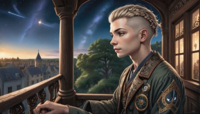 1girl,solo,short hair,blue eyes,blonde hair,long sleeves,1boy,jewelry,upper body,braid,male focus,outdoors,sky,signature,from side,tree,lips,window,profile,night,looking away,building,star (sky),night sky,scenery,french braid,starry sky,realistic,nose,railing,looking afar,badge,shooting star,balcony,artist name,necklace,sunset,very short hair