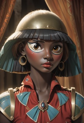 1girl,solo,looking at viewer,blush,short hair,bangs,black hair,brown eyes,jewelry,closed mouth,collarbone,upper body,earrings,shiny,artist name,dark skin,blunt bangs,armor,dark-skinned female,lips,eyelashes,makeup,blurry background,bob cut,lipstick,gem,portrait,freckles,nose,red lips,shirt,facial mark,red shirt,hoop earrings,facepaint,gold