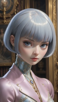 1girl,solo,looking at viewer,short hair,bangs,blue eyes,jewelry,closed mouth,jacket,upper body,grey hair,earrings,blunt bangs,necklace,blurry,lips,grey eyes,eyelashes,makeup,blurry background,bob cut,portrait,breasts,shiny,indoors,gem,freckles,realistic,nose,red lips,pink jacket