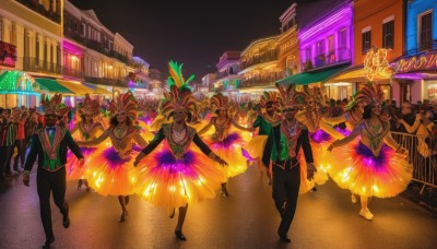 1girl,smile,multiple girls,skirt,long sleeves,hat,dress,jewelry,standing,jacket,pantyhose,outdoors,multiple boys,necktie,shoes,pants,vest,mask,night,6+girls,umbrella,formal,suit,outstretched arms,building,night sky,walking,6+boys,running,city,dancing,crowd,dark skin,necklace,road,yellow dress,fireworks,street,neon lights,crosswalk