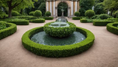 outdoors,day,water,tree,no humans,grass,plant,building,nature,scenery,forest,bush,pillar,waterfall,statue,column,fountain,garden