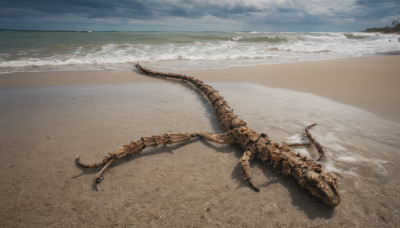 outdoors, sky, day, cloud, water, no humans, ocean, beach, robot, scenery, mecha, science fiction, realistic, sand, waves, shore