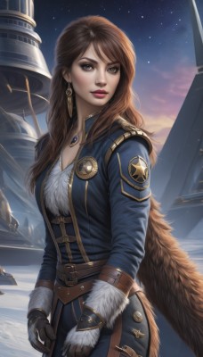 1girl,solo,long hair,breasts,looking at viewer,blue eyes,brown hair,gloves,long sleeves,cleavage,brown eyes,jewelry,standing,cowboy shot,earrings,outdoors,sky,belt,pants,artist name,signature,necklace,lips,coat,fur trim,makeup,night,watermark,lipstick,star (sky),night sky,brown gloves,starry sky,nose,red lips,leather,ship,leather gloves,bangs,medium breasts,jacket,parted lips,open clothes,black gloves,blue jacket,pendant,realistic,emblem