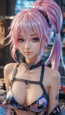 1girl,solo,long hair,breasts,looking at viewer,bangs,blue eyes,large breasts,hair ornament,cleavage,hair between eyes,bare shoulders,jewelry,medium breasts,collarbone,swimsuit,upper body,ponytail,pink hair,bikini,earrings,parted lips,choker,bra,blurry,lips,eyelashes,tattoo,blurry background,floral print,high ponytail,blue bikini,realistic,nose,closed mouth,braid,sidelocks,artist name,indoors,necklace,off shoulder,collar,looking to the side,makeup,detached collar,depth of field,looking away,piercing,gem,ear piercing,bikini top only,buckle,pink lips,hair tie,mascara