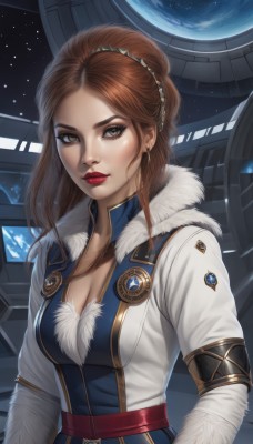 1girl,solo,long hair,breasts,looking at viewer,brown hair,cleavage,brown eyes,jewelry,medium breasts,upper body,earrings,belt,lips,coat,fur trim,makeup,lipstick,eyeshadow,science fiction,nose,red lips,eyeliner,space,planet,earth (planet),long sleeves,closed mouth,jacket,artist name,hair bun,military,star (sky),high collar,realistic,emblem,spacecraft