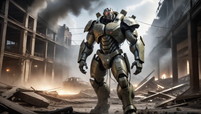 HQ,solo,red eyes,1boy,standing,outdoors,sky,cloud,armor,military,no humans,glowing,fire,robot,ground vehicle,building,mecha,glowing eyes,motor vehicle,smoke,science fiction,city,realistic,military vehicle,car,cable,ruins,power lines,damaged,open hands,power armor,debris,radio antenna,weapon,dust