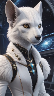 1girl,solo,breasts,looking at viewer,long sleeves,animal ears,brown eyes,jewelry,closed mouth,jacket,yellow eyes,upper body,sky,artist name,signature,vest,fur trim,no humans,animal,white jacket,brooch,gem,star (sky),furry,pendant,starry sky,fur collar,furry female,body fur,white fur,fur,whiskers,blue gemstone,cat ears,necklace,coat,cat,colored sclera,space,animal focus,planet