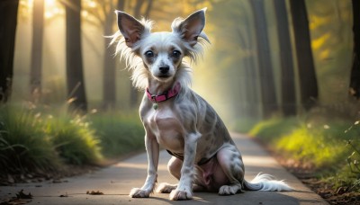 HQ,solo,looking at viewer,open mouth,brown eyes,full body,outdoors,day,signature,blurry,collar,tree,no humans,depth of field,blurry background,animal,leaf,fangs,sunlight,grass,nature,forest,dog,realistic,animal focus,standing,teeth,tongue,black eyes,watermark,plant,web address,bush,animal collar