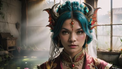 1girl,solo,looking at viewer,hair ornament,dress,jewelry,closed mouth,green eyes,blue hair,flower,earrings,green hair,horns,day,artist name,indoors,signature,water,mole,blurry,lips,mole under eye,window,aqua hair,makeup,depth of field,blurry background,facial mark,sunlight,plant,lipstick,gem,portrait,veil,eyeshadow,freckles,realistic,nose,red lips,lily pad,long hair,blush,scenery,forehead jewel