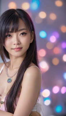 1girl,solo,long hair,breasts,smile,bangs,brown hair,black hair,dress,cleavage,bare shoulders,brown eyes,jewelry,medium breasts,underwear,upper body,necklace,bra,blurry,bracelet,lips,looking to the side,depth of field,blurry background,looking away,freckles,realistic,nose,looking at viewer,closed mouth,earrings,sleeveless,blunt bangs,mole,makeup,pendant,bokeh