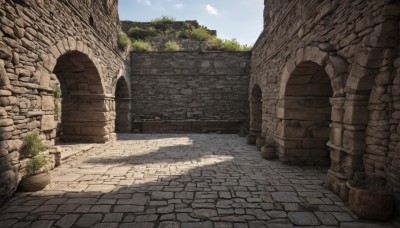 outdoors,sky,day,cloud,tree,blue sky,no humans,shadow,plant,building,scenery,stairs,road,wall,ruins,brick wall,pillar,arch,pavement,stone floor,stone wall,brick,sunlight,cloudy sky,grass,potted plant,bush,path,column,brick floor