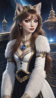 1girl,solo,long hair,breasts,looking at viewer,blue eyes,brown hair,long sleeves,dress,animal ears,cleavage,jewelry,medium breasts,earrings,parted lips,sky,cat ears,necklace,lips,fur trim,makeup,night,tiara,crown,lipstick,gem,star (sky),night sky,pendant,starry sky,red lips,space,planet,smile,bangs,closed mouth,upper body,artist name,signature,white dress,eyelashes,wavy hair,wolf ears,realistic,nose,fur,castle,blue gemstone,red gemstone