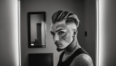 solo,looking at viewer,short hair,bangs,shirt,1boy,bare shoulders,jewelry,closed mouth,monochrome,upper body,greyscale,male focus,multicolored hair,earrings,indoors,from side,tattoo,facial hair,piercing,tank top,portrait,door,arm tattoo,shoulder tattoo,undercut,locker,mohawk,neck tattoo,collarbone,blurry,blurry background,beard,facial tattoo,open door,eyebrow cut