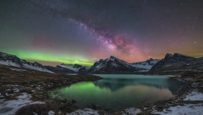 outdoors,sky,cloud,water,no humans,night,star (sky),nature,night sky,scenery,snow,starry sky,reflection,rock,mountain,river,landscape,mountainous horizon,lake,aurora,grass,milky way