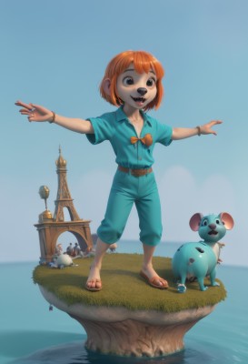 1girl,solo,smile,short hair,open mouth,blue eyes,shirt,1boy,bow,jewelry,standing,full body,short sleeves,outdoors,sky,teeth,day,belt,pants,bowtie,water,orange hair,black eyes,bracelet,blue sky,toes,ocean,animal,sandals,grass,outstretched arms,blue shirt,child,furry,watch,spread arms,female child,wristwatch,mouse,castle,tower,buck teeth,lighthouse,:d,shorts,collared shirt,pokemon (creature),v,sharp teeth,personification,blue shorts,toenails,green shirt,blue pants,brown belt,faux figurine,aqua shirt