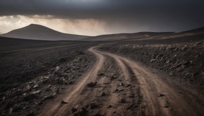 monochrome,outdoors,sky,cloud,water,no humans,ocean,beach,cloudy sky,scenery,mountain,sand,horizon,field,waves,landscape,mountainous horizon,shore,hill,day,sunlight,rock,road,desert