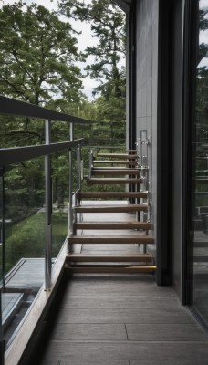 outdoors,sky,day,cloud,tree,no humans,window,grass,building,nature,scenery,stairs,railing,road,bench,bush,forest,fence