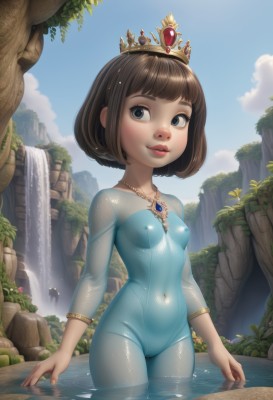 1girl,solo,breasts,looking at viewer,smile,short hair,bangs,brown hair,long sleeves,navel,jewelry,nipples,standing,flower,cowboy shot,small breasts,outdoors,parted lips,sky,solo focus,day,shiny,artist name,cloud,signature,blunt bangs,water,necklace,black eyes,shiny hair,bracelet,covered nipples,tree,blue sky,lips,wet,see-through,looking to the side,loli,bodysuit,covered navel,makeup,cameltoe,looking away,bob cut,tiara,crown,plant,gem,wet clothes,skin tight,wading,pendant,partially submerged,freckles,shiny clothes,rock,nose,red lips,waterfall,blue bodysuit,cliff,blue eyes