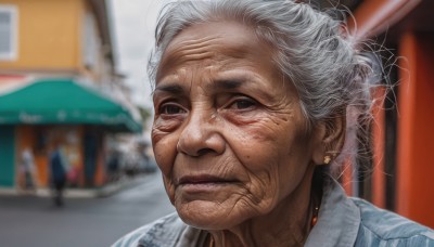 1girl,solo,looking at viewer,blue eyes,shirt,1boy,jewelry,closed mouth,white hair,grey hair,male focus,earrings,outdoors,mole,blurry,black eyes,lips,depth of field,blurry background,building,portrait,realistic,old,old man,old woman,wrinkled skin,grey eyes,frown