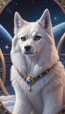 solo,looking at viewer,blue eyes,jewelry,sky,signature,star (symbol),no humans,animal,brooch,gem,star (sky),starry sky,dog,realistic,space,animal focus,white fur,planet,fluffy,closed mouth,necklace,earth (planet)