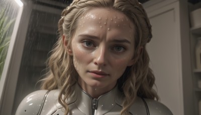 1girl,solo,long hair,looking at viewer,blonde hair,brown eyes,closed mouth,braid,indoors,blurry,lips,wet,grey eyes,window,bodysuit,blurry background,wavy hair,portrait,forehead,freckles,rain,curly hair,realistic,wet hair,brown hair,sweat,armor,close-up,zipper,nose,crown braid