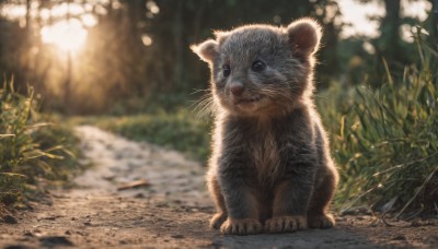 solo,blue eyes,closed mouth,full body,outdoors,day,signature,blurry,no humans,depth of field,blurry background,animal,sunlight,cat,grass,plant,nature,realistic,animal focus,whiskers,looking at viewer,sitting,mouse