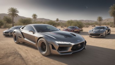 outdoors,sky,cloud,star (symbol),tree,no humans,night,shadow,moon,ground vehicle,motor vehicle,mountain,sand,palm tree,car,road,crescent moon,vehicle focus,wheel,sports car,artist name,from side,desert