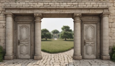 outdoors,sky,day,tree,no humans,grass,plant,building,scenery,door,road,bush,wall,pillar,path,arch,gate,column,pavement,cloud,blue sky,architecture,stone floor