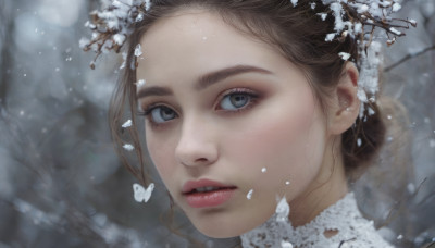 1girl, solo, looking at viewer, brown hair, parted lips, teeth, blurry, tree, lips, grey eyes, eyelashes, bug, butterfly, portrait, snow, snowing, realistic, winter