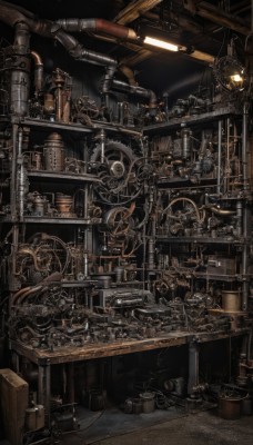 indoors,no humans,table,box,steam,scenery,smoke,science fiction,lamp,cable,gears,industrial pipe,steampunk,machine,loaded interior,robot,machinery,clock,light