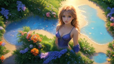 HQ,1girl,solo,long hair,breasts,looking at viewer,smile,blue eyes,blonde hair,brown hair,hair ornament,dress,cleavage,bare shoulders,medium breasts,collarbone,upper body,braid,flower,outdoors,detached sleeves,day,water,lips,blue dress,bird,wavy hair,beach,sunlight,grass,plant,purple dress,nose,shore,closed mouth,sleeveless,artist name,petals,ocean,from above,blue flower,sand,purple flower,orange flower