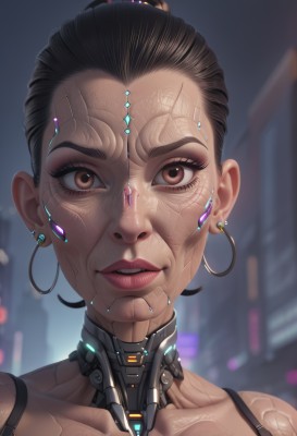 1girl,solo,looking at viewer,short hair,brown hair,black hair,brown eyes,jewelry,collarbone,earrings,parted lips,teeth,dark skin,blurry,dark-skinned female,lips,makeup,blurry background,portrait,close-up,science fiction,veins,hoop earrings,realistic,android,cyborg,robot joints,cyberpunk,mechanical parts,signature,eyelashes,tattoo,forehead,eyeshadow,nose,joints,very short hair,undercut,hair pulled back,mascara