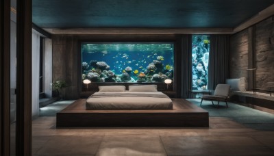 indoors,tree,pillow,no humans,window,bed,chair,table,plant,scenery,couch,fish,wooden floor,rock,underwater,potted plant,lamp,architecture,east asian architecture,cushion,carpet,aquarium,flower,water,vase,painting (object),flower pot,coral