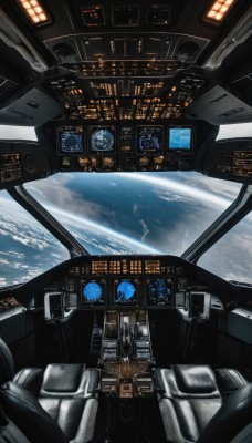 sky,cloud,signature,no humans,window,robot,scenery,science fiction,city,realistic,space,planet,earth (planet),spacecraft,spacesuit,cockpit,helmet,building,mecha,cityscape,seat