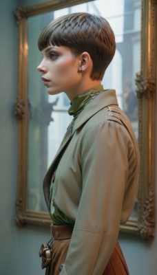 1girl,solo,short hair,bangs,skirt,brown hair,shirt,black hair,long sleeves,brown eyes,jewelry,closed mouth,standing,upper body,earrings,belt,indoors,blunt bangs,necklace,blurry,from side,lips,eyelashes,window,profile,makeup,depth of field,blurry background,looking away,freckles,realistic,nose,green shirt,very short hair,steampunk,blue eyes,jacket,coat,red skirt,piercing,lipstick,stud earrings