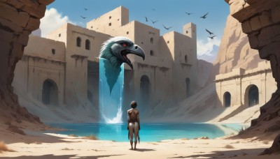 1girl,solo,breasts,short hair,black hair,red eyes,standing,ass,outdoors,sky,barefoot,day,cloud,dark skin,water,from behind,dark-skinned female,blue sky,bird,animal,back,scenery,fantasy,sand,loincloth,waterfall,cliff,shadow,ocean,beach,building,mountain