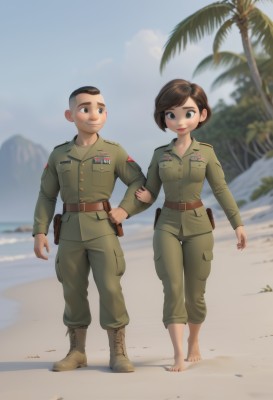 1girl,smile,short hair,brown hair,black hair,long sleeves,1boy,brown eyes,closed mouth,standing,jacket,full body,weapon,hetero,boots,outdoors,sky,barefoot,day,belt,pants,blurry,looking at another,uniform,black eyes,tree,blue sky,military,military uniform,blurry background,ocean,beach,brown footwear,walking,pouch,green jacket,sand,palm tree,brown belt,holster,very short hair,green pants,world war ii,soldier,footprints,breasts,bangs,shirt,medium breasts,cloud,signature,lips,hand on hip,no humans,shadow,nature,scenery,buckle,cross-laced footwear,pocket,belt buckle,green shirt