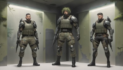 looking at viewer,short hair,blonde hair,brown hair,black hair,gloves,holding,standing,full body,ponytail,weapon,male focus,boots,multiple boys,pants,dark skin,2boys,holding weapon,armor,uniform,gun,military,military uniform,facial hair,scar,dark-skinned male,3boys,knife,plant,shoulder armor,holding gun,rifle,beard,handgun,pouch,mustache,assault rifle,holster,knee pads,manly,shoulder pads,cyborg,elbow pads,soldier,mohawk,load bearing vest,bulletproof vest,green hair,black gloves,black footwear,shadow,dual wielding,4boys,realistic,camouflage