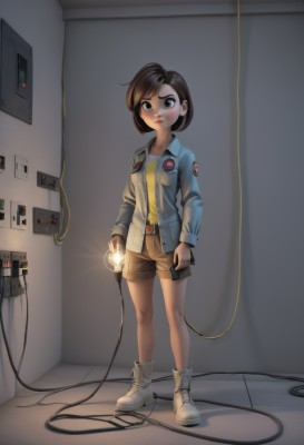 1girl,solo,breasts,looking at viewer,blush,short hair,bangs,brown hair,shirt,long sleeves,holding,brown eyes,closed mouth,standing,jacket,full body,boots,open clothes,shoes,shorts,belt,indoors,black eyes,open jacket,lips,short shorts,swept bangs,phone,white footwear,blue jacket,sneakers,pocket,yellow shirt,tiles,ankle boots,light,cable,tile floor,badge,brown shorts,hallway,wire,flashlight,electrical outlet,collarbone,buttons,glowing,frown,blue shirt,unbuttoned