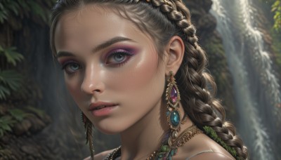 1girl,solo,long hair,looking at viewer,blue eyes,brown hair,jewelry,braid,earrings,outdoors,parted lips,teeth,water,necklace,blurry,lips,grey eyes,eyelashes,single braid,makeup,blurry background,leaf,portrait,nature,close-up,eyeshadow,freckles,realistic,waterfall,mascara,multiple braids,black hair,hair ornament,lipstick,gem,nose,eyeliner